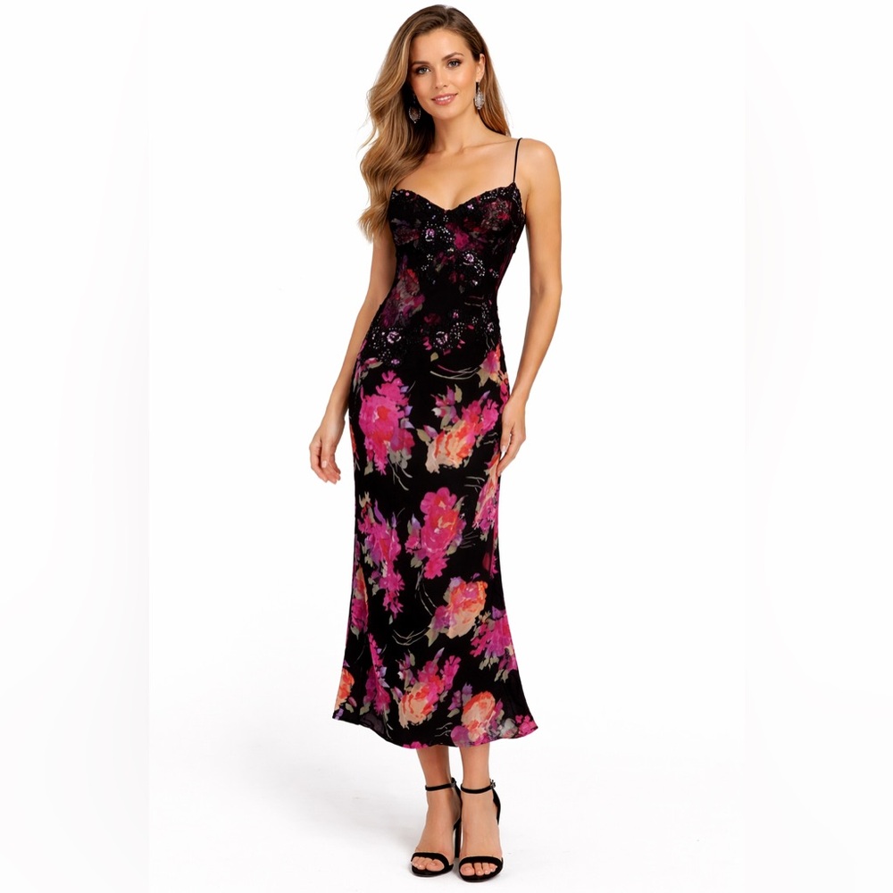 TERI JON Women's Black & Pink Floral SILK Maxi Dress 14 NEW